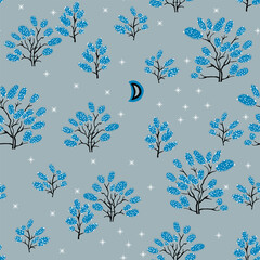Winter Wonderland Forest, pine cone, stars, snow and Christmas tree. Surface pattern design, seamless