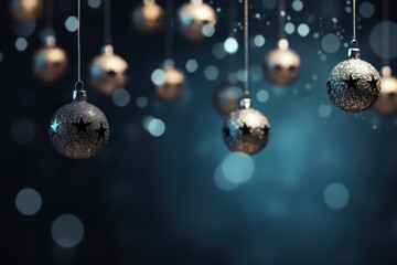 Elegant Christmas baubles suspended, festive glitter decoration, holiday background, seasonal charm