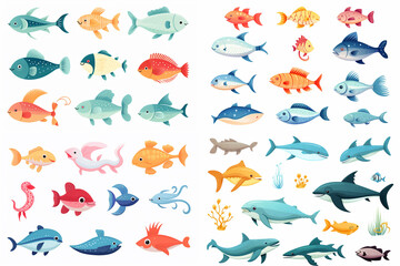 icon set of fish and aquatic animals on white background, isolated of color aquatic animals