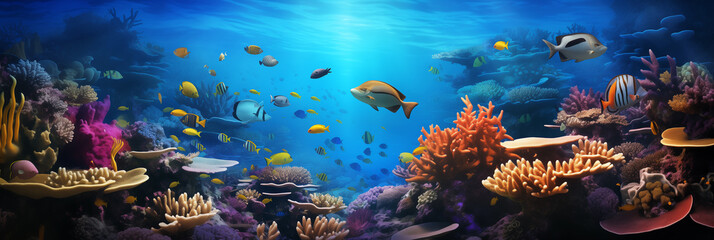 Panorama colorful aquatic life of the deep sea, many species of fish live together under the sea