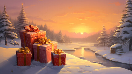Red gift boxes put beside the water in a snow-covered forest on sunrise