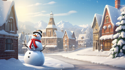 Landscape of smiling snowman in the city with snow covering the roofs on a bright sunny day