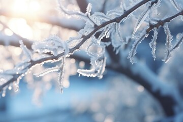 Close-up of icy twigs and leaves in winter, glistening in morning light with a tranquil blue background.