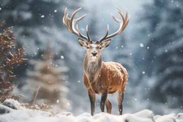 Naklejka na ściany i meble Majestic stag in snowy forest, wildlife in winter landscape. Wildlife and nature conservation.