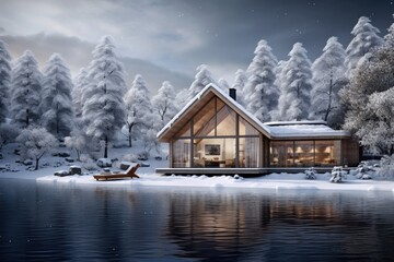 Snow-covered modern cabin by tranquil lake with snowy trees, winter retreat.
