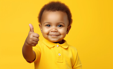 African style toddler giving a thumbs up on yellow background.