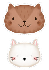 Two cat faces to cut out on white background, DIY garland, ginger cat face and white cat face , cute kitties 
