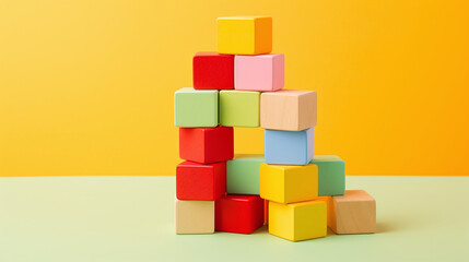 Obraz premium Bunte Holzbausteine, ein fröhliches Kinderspielzeug, das Kreativität und Spaß fördert, Aufbau