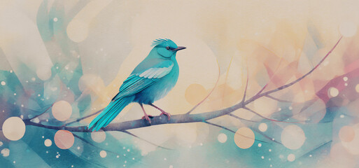 illustrazione di uccello dal pimaggio azzurro sul ramo di un albero, sfondo con colori e aloni di luce astratto