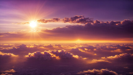 Fototapeta premium Beautiful Aerial Sunset Landscape with Sun and Clouds in Purple-Orange Tones