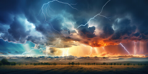 Panoramic view of dramatic sky with gray rainy clouds with lightnings over beautiful summer meadow...