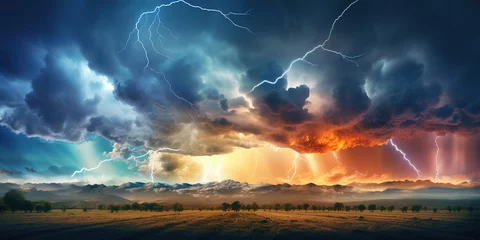 Poster Panoramic view of dramatic sky with gray rainy clouds with lightnings over beautiful summer meadow before storm. Summer rural landscape in rainy weather. Weather forecast concept. © Bojan