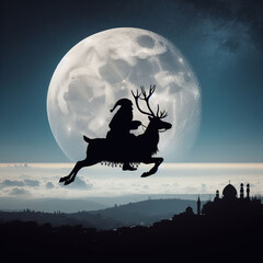 Obraz premium santa claus flying across night sky with full moon and stars on sleigh pulled by three reindeer. santa's black silhouette.christmas, new year concept