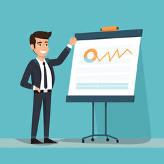 A man wearing a suit is giving a presentation or lecture. Full of enthusiasm and cheerfulness. 2D flat illustration cartoon style.