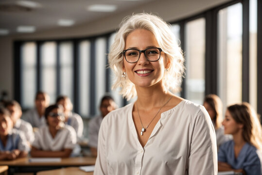 Happy Woman Instructor of a Medical Educational Institution with White Hair and Glasses in Classroom with Students on a Sunny Day