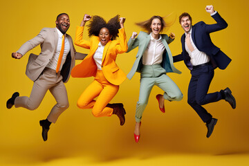 Diverse business people jumping over yellow background celebrating success.