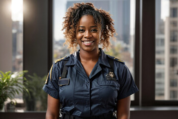 A woman in uniform Standing in front of a window, African Canadian.