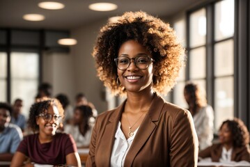 Female teacher with black locks, wearing glasses and a white shirt, smiling in a classroom with her...