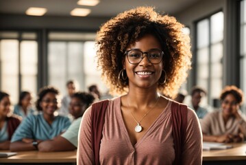 Female teacher with black locks, wearing glasses and a white shirt, smiling in a classroom with her students