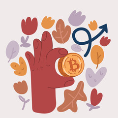 Vector illustration of cryptocurrency, finance and business concept hand holding golden bitcoin