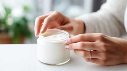 Obraz na płótnie Canvas Woman hold jar of moisturizing cream, Face and skincare cream for beauty wellness shine.
