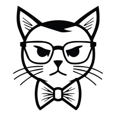 Cat In Bow And Glasses Flat Icon Isolated On White Background
