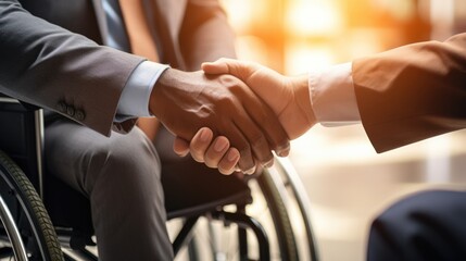 Businessman and disabled colleague on wheelchair shaking hands in office.