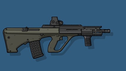 Close-up of a black AUG A3 rifle on an isolated blue background. Art Line