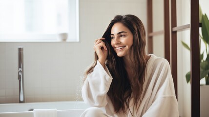 Beautiful woman wearing bathrobe in modern bathroom at home. Hair Care. Skin care. Beauty routine concept.