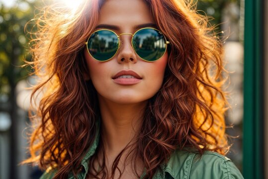 Beautiful stylish young woman with red hair in sunglasses in green, portrait