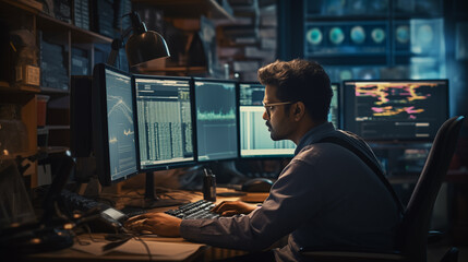 An Indian man working on the computer as a programmer or editor, night office view