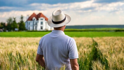 Naklejka na ściany i meble a adult white american farmer man standing on a wheat grass field. wearing a hat. photo taken from behind his back. agricultural land owner. blurry field and a mansion background