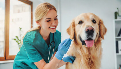 a beautiful female vet nurse doctor examining a cute happy golden retriever dog making medical tests in a veterinary clinic. animal pet health checkup - obrazy, fototapety, plakaty