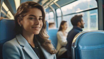 a close-up face beautiful white american model passenger woman driving a public transport subway metro train. people in background. sitting on a seat. drive to railway station