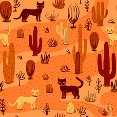 Cats in desert orange , surface pattern design, seamless