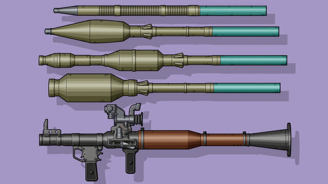 Close-up of various RPG-7 projectiles on an isolated purple background. Art Line. 