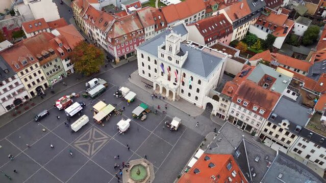 Town Hall Marketplace aerial view flight drone. City Culture Weimar fall Germany