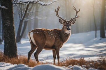 Winter Grace: Beautiful Deer with Antlers in a Sunny Forest
