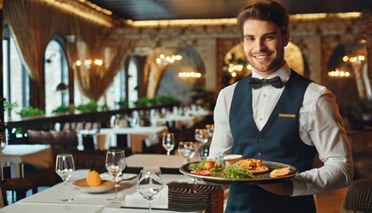 a handsome young smiling server waiter in restaurant with plates with food on a tray in a expensive luxury restaurant bringing food to a table in his hands - obrazy, fototapety, plakaty