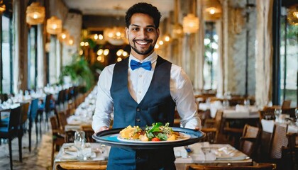 a handsome young smiling server waiter in restaurant with plates with food on a tray in a expensive...