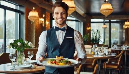 a handsome young smiling server waiter in restaurant with plates with food on a tray in a expensive...