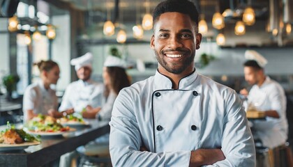 closeup photo portrait of a handsome young chef cook with white uniform standing. guests eating in the restaurant. blurry food restaurant kitchen in the background - obrazy, fototapety, plakaty