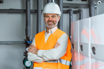 Portrait of Professional Electricity or Gas Industry Engineer. Worker Wearing Safety Uniform and...