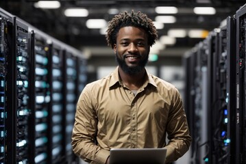 Happy African American Man with a Laptop in a Server Room