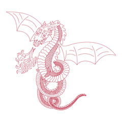 fire-breathing dragon with wings and a long tail, symbol of 2024, graphics, vector, red color, Japanese style