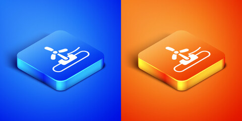 Isometric Wind turbine icon isolated on blue and orange background. Wind generator sign. Windmill for electric power production. Square button. Vector