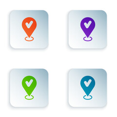 Color Map pin with check mark icon isolated on white background. Navigation, pointer, location, map, gps, direction, place, compass, search concept. Set colorful icons in square buttons. Vector