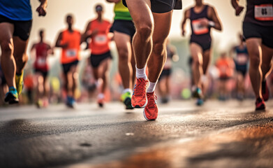 Close up of a Group of Men Runners Legs in a Road Race