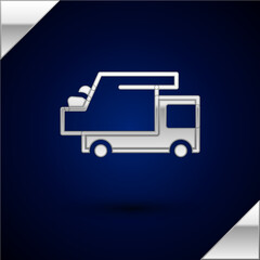 Silver Garbage truck icon isolated on dark blue background. Vector