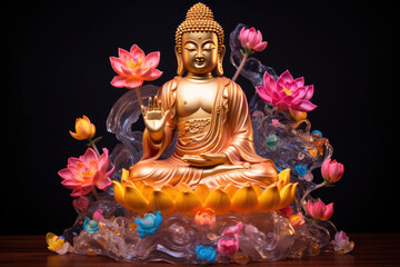 golden buddha with multicolor flowers and lotuses